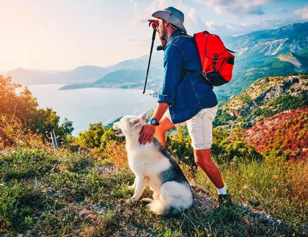 A man, accompanied by his faithful dog, hiking on a trail that overlooks a stunning mountain and lake region, both pausing to take in the breathtaking sunset, capturing the bond between human and pet and the majesty of nature.